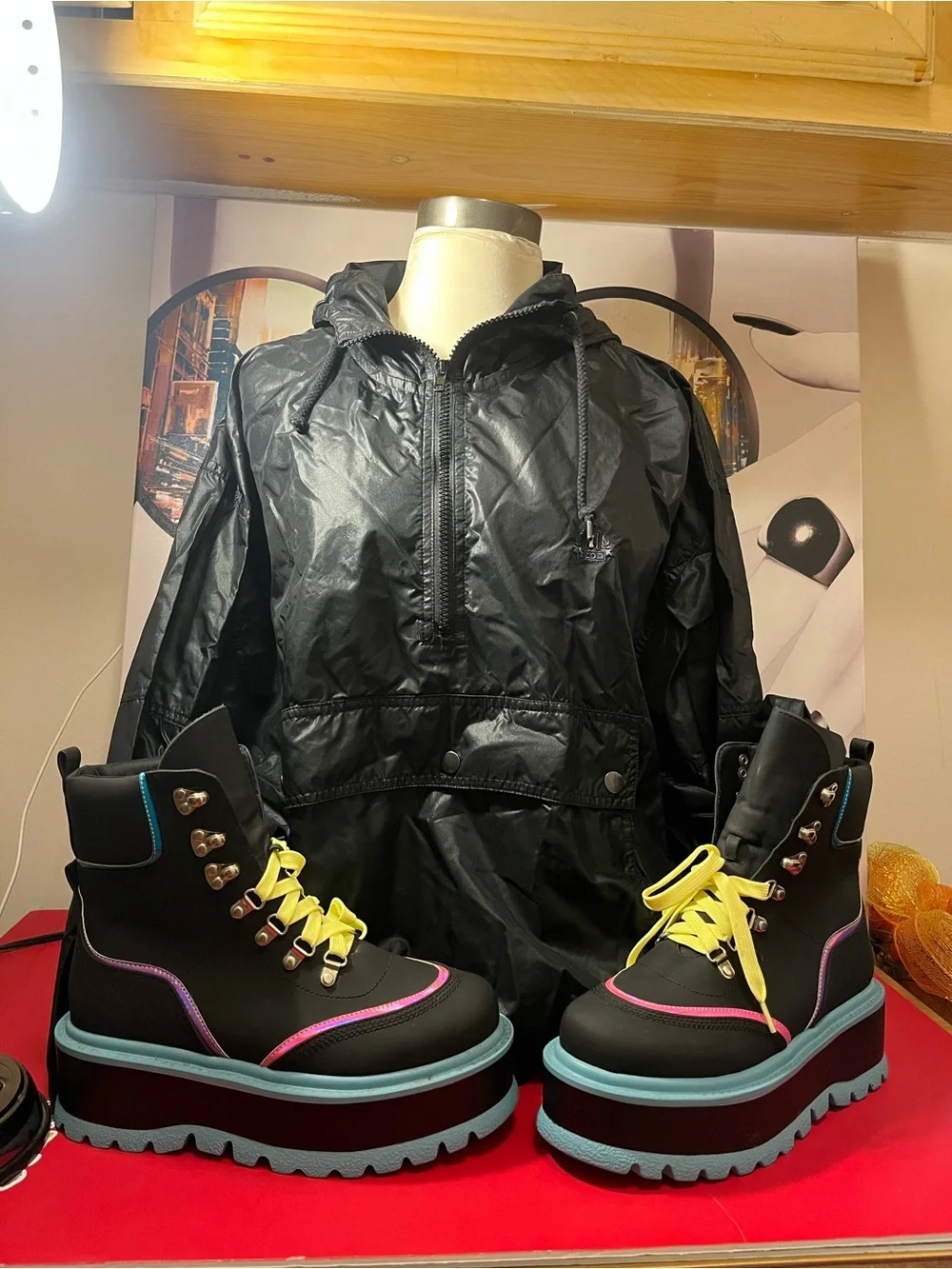 Kids Black Platform Lace-Up Boots with Yellow Laces